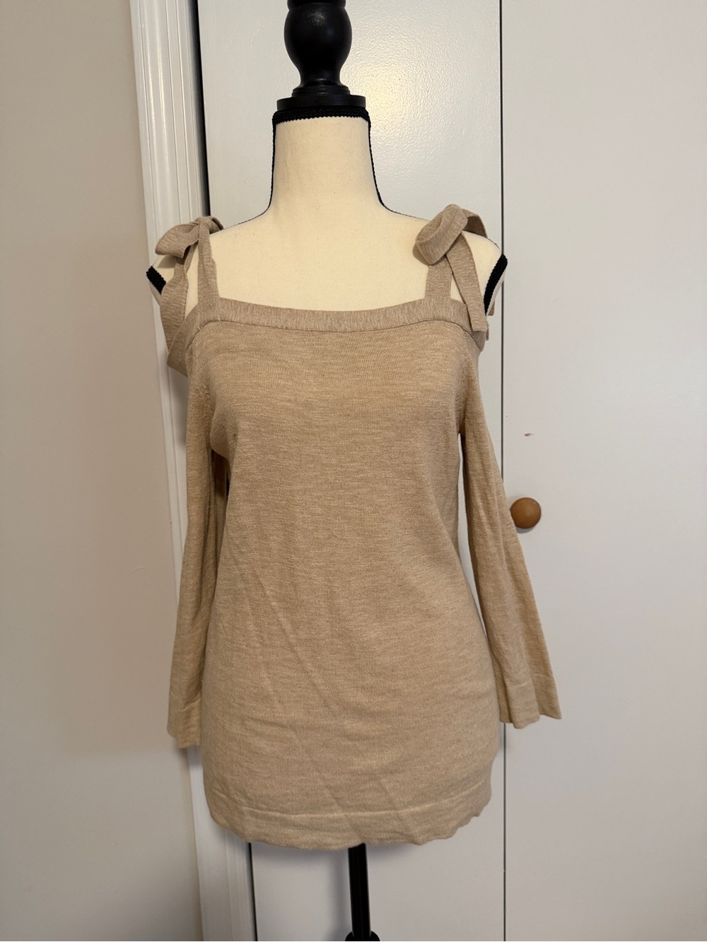 J Crew Tie-Shoulder Cold-Shoulder Sweater in Beige